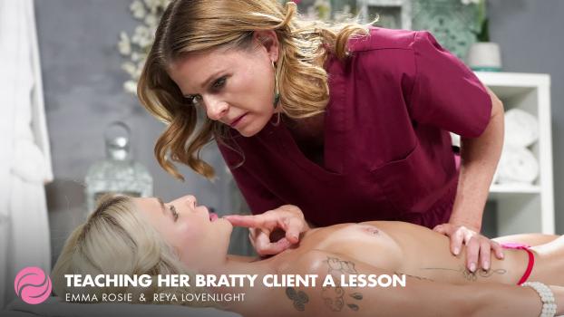 AllGirlMassage 2025 09 15 Emma Rosie And Reya Lovenlight Teaching Her Bratty Client A Lesson